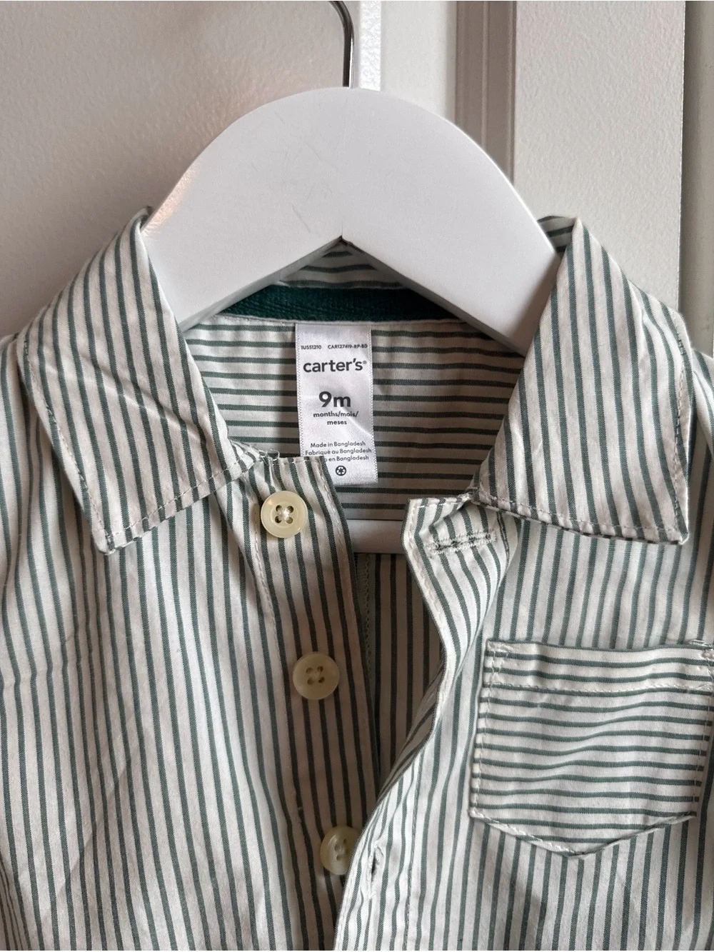 Carter's Green and White Striped Short-Sleeve Button Romper 9 months